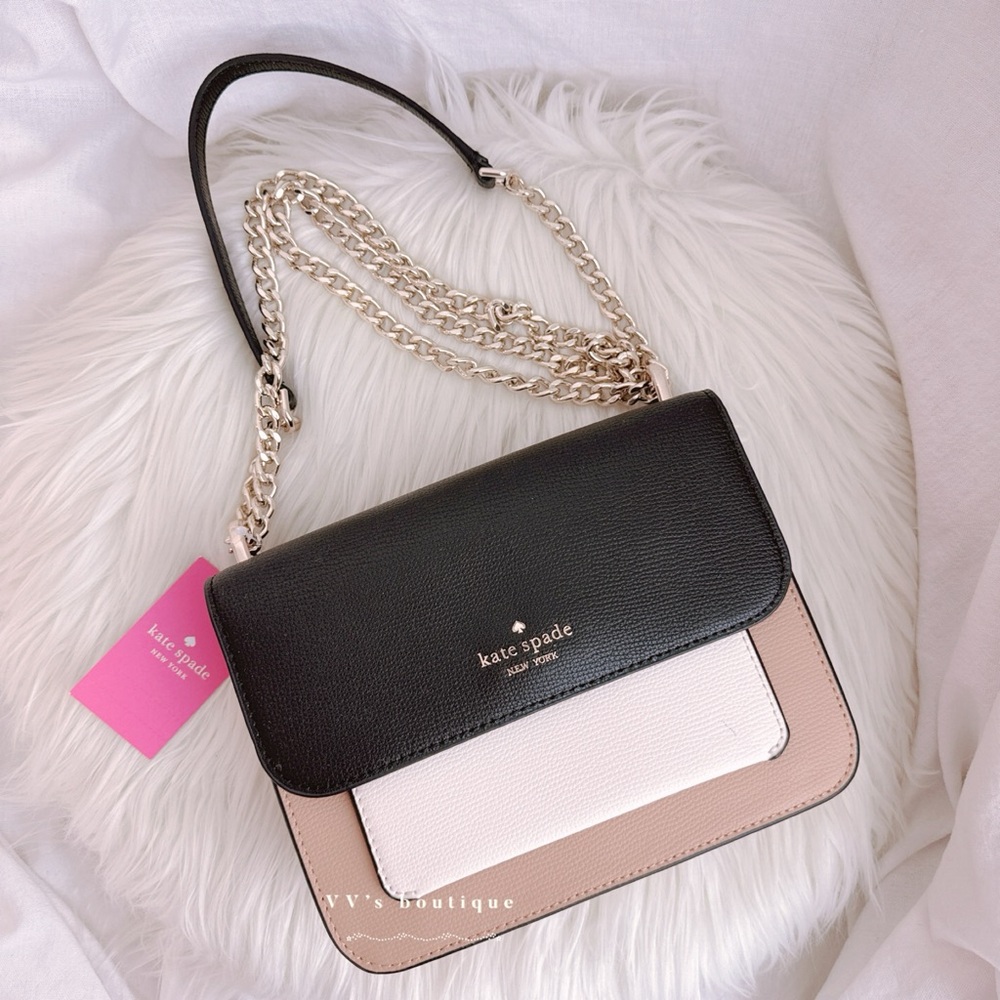 NWT Kate Spade Remi Colorblock Flap Chain Crossbody Neutral Beige Black WKR00554